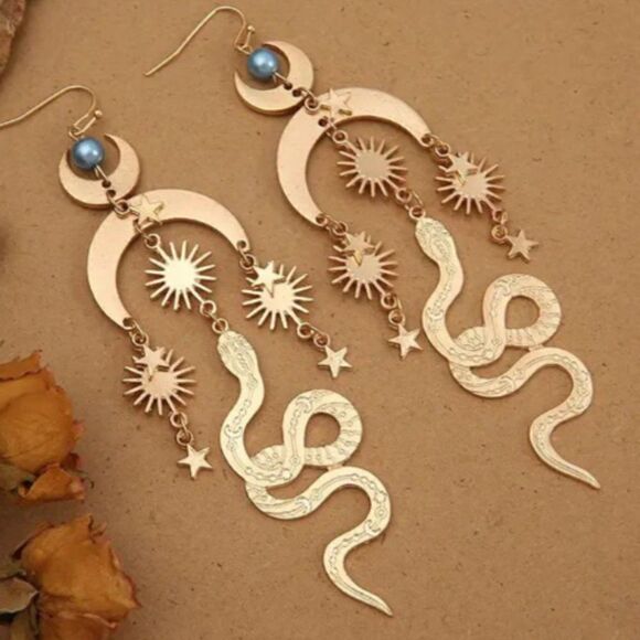 Mystical Serpent & Cosmic Gold Charm Earrings Witchy Bohemian Goddess Jewelry - Picture 7 of 8